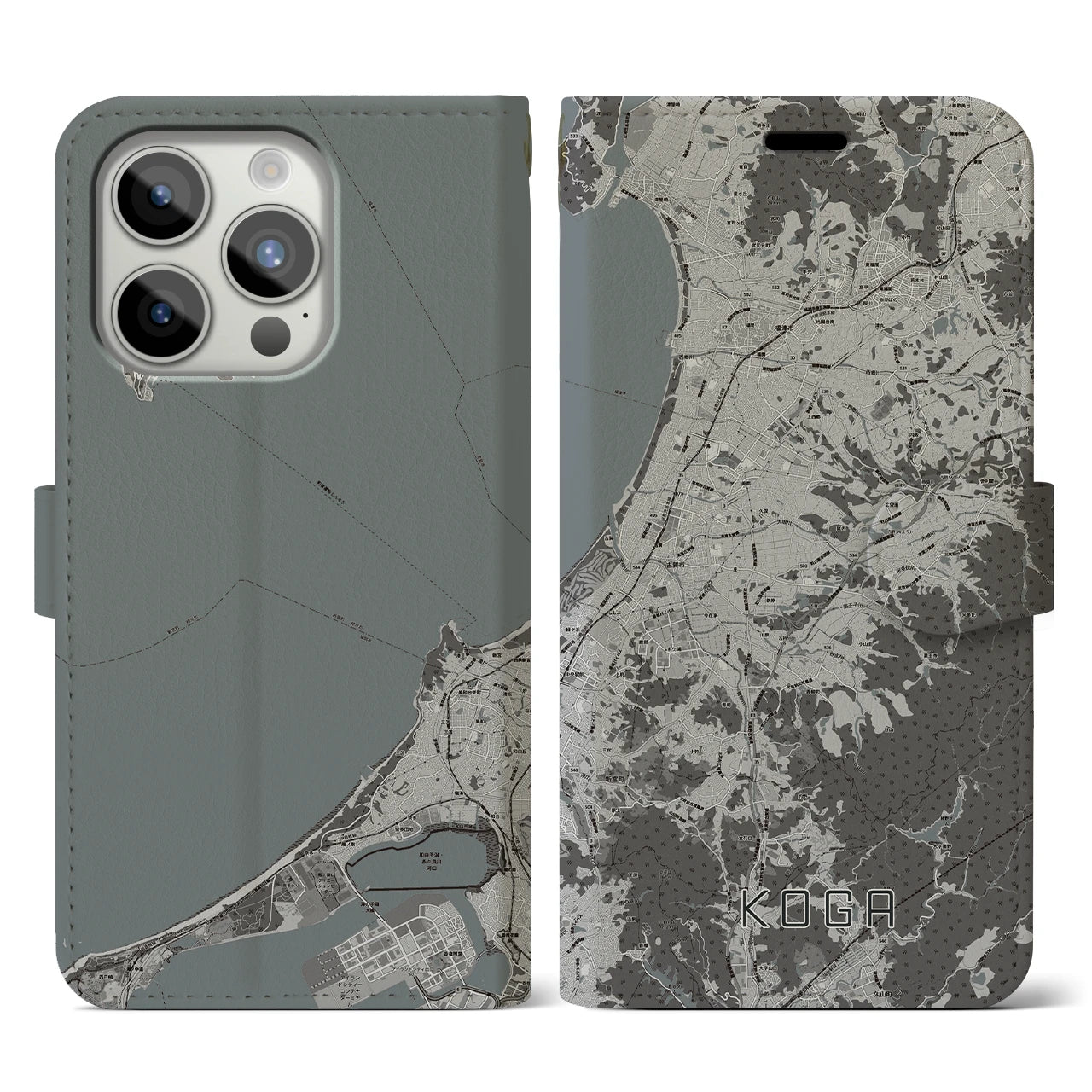 【古賀(福岡県)】地図柄iPhoneケース(手帳タイプ)モノトーン・iPhone 15 Pro 用