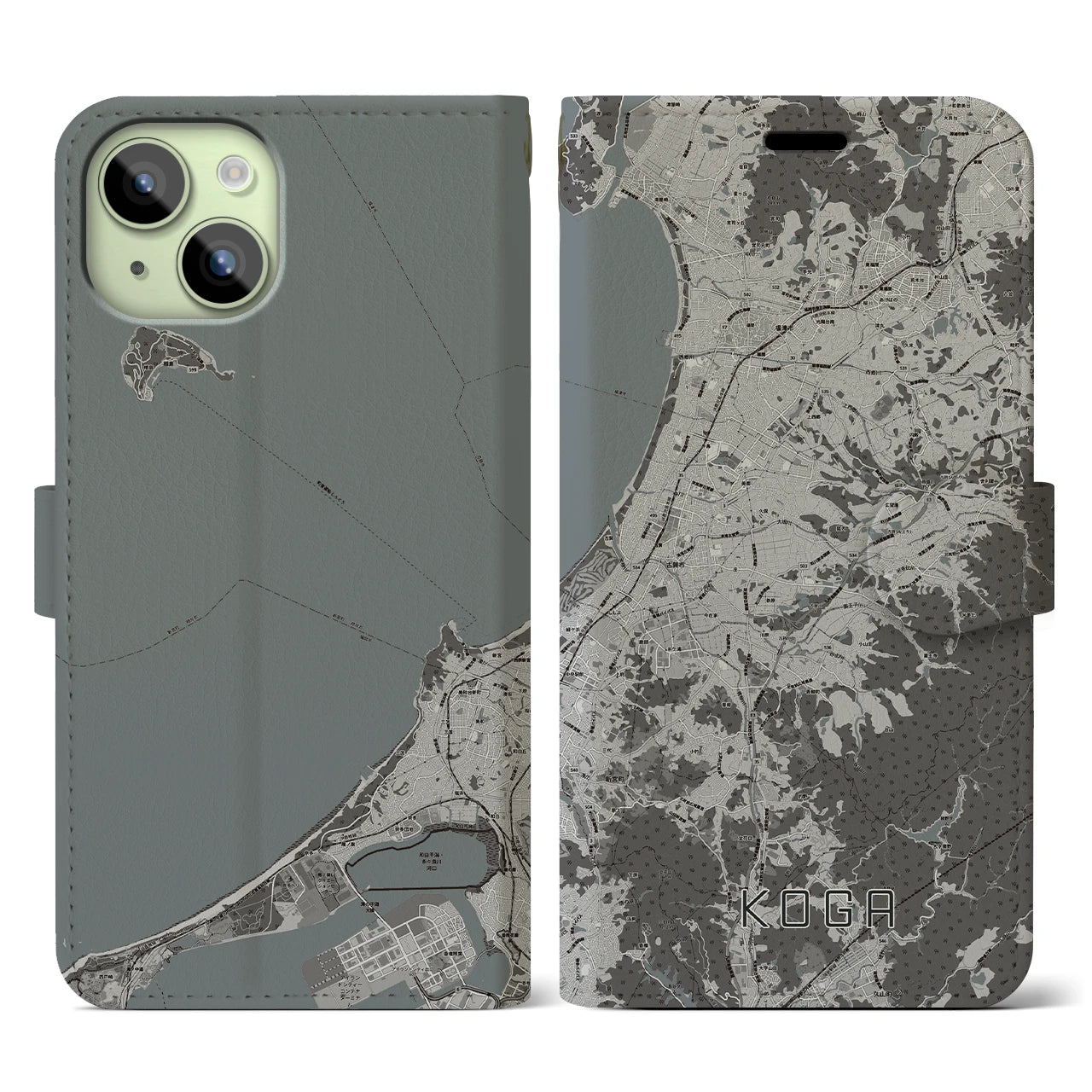 【古賀(福岡県)】地図柄iPhoneケース(手帳タイプ)モノトーン・iPhone 15 用