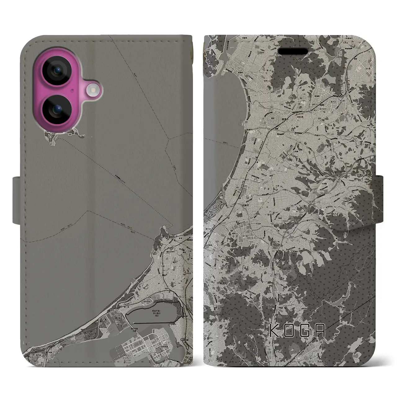 【古賀(福岡県)】地図柄iPhoneケース(手帳タイプ)モノトーン・iPhone 16 Pro 用