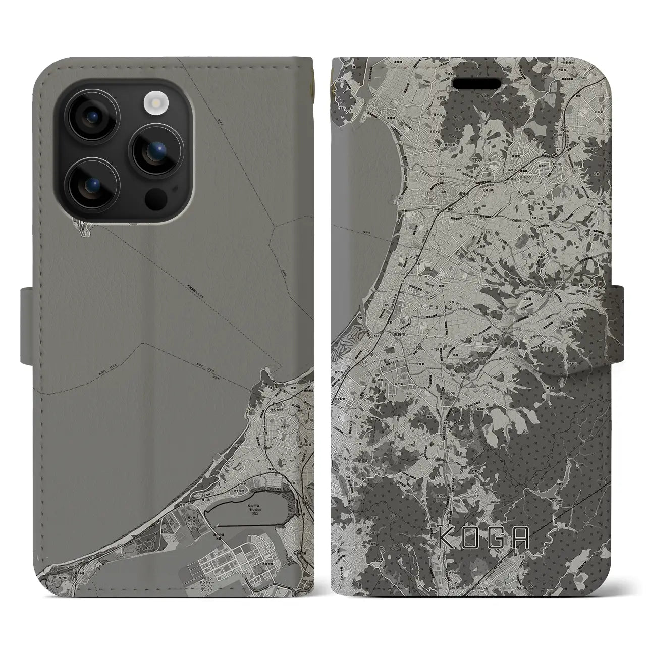 【古賀(福岡県)】地図柄iPhoneケース(手帳タイプ)モノトーン・iPhone 16 用