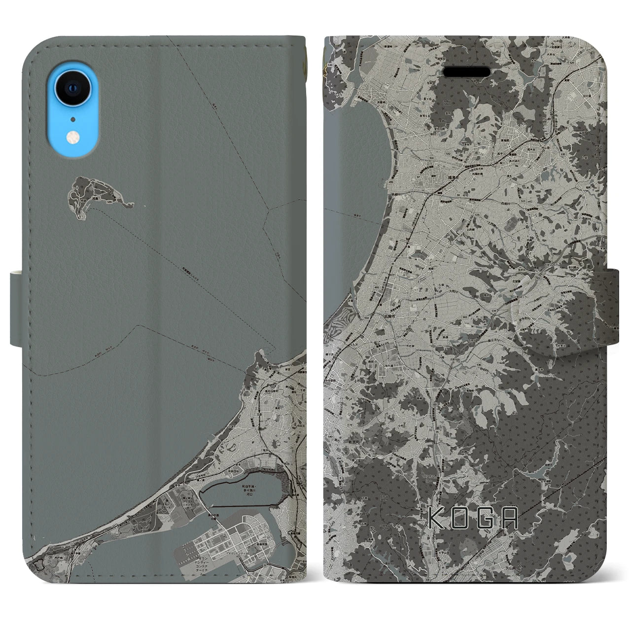 【古賀(福岡県)】地図柄iPhoneケース(手帳タイプ)モノトーン・iPhone XR 用