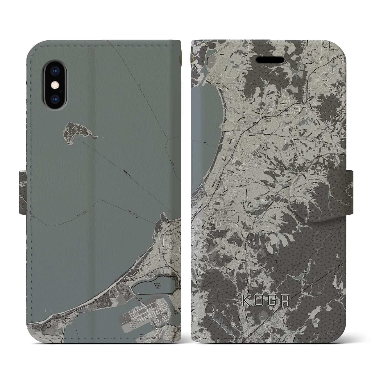 【古賀(福岡県)】地図柄iPhoneケース(手帳タイプ)モノトーン・iPhone XS / X 用