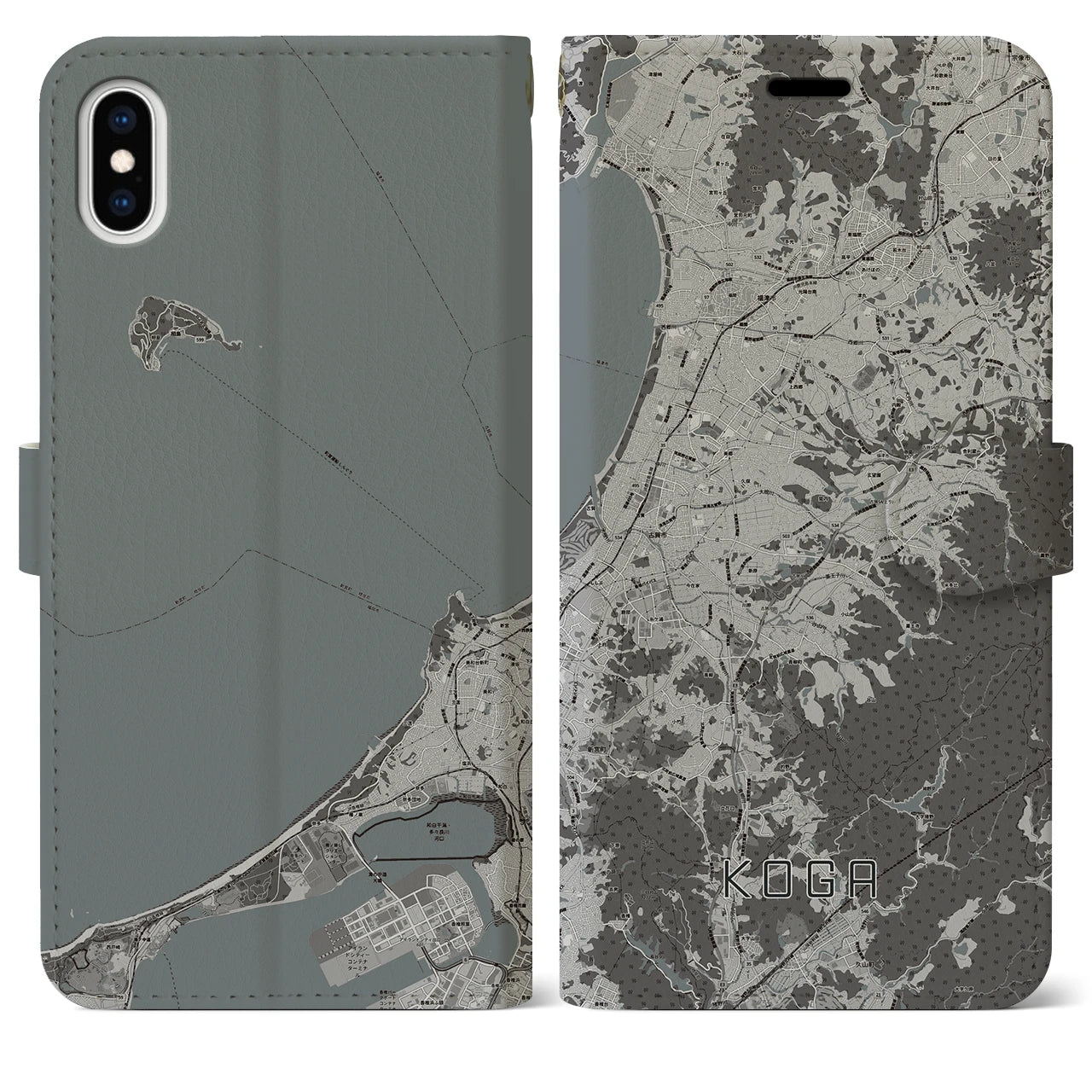 【古賀(福岡県)】地図柄iPhoneケース(手帳タイプ)モノトーン・iPhone XS Max 用