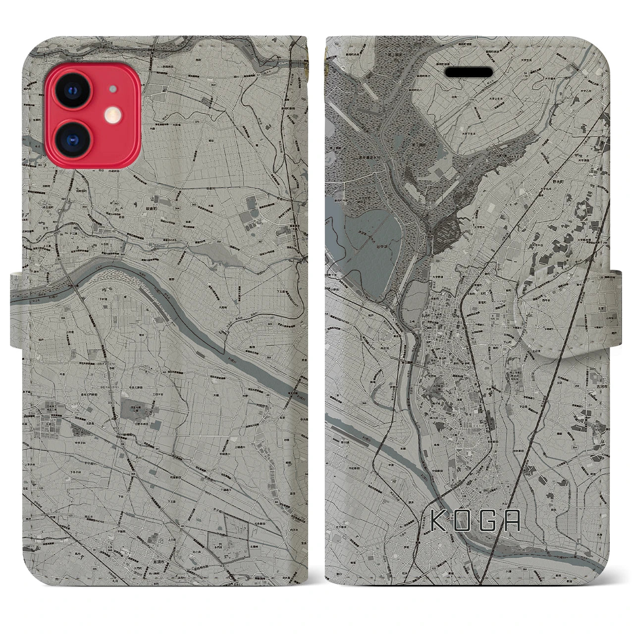 【古河(茨城県)】地図柄iPhoneケース(手帳タイプ)モノトーン・iPhone 11 用