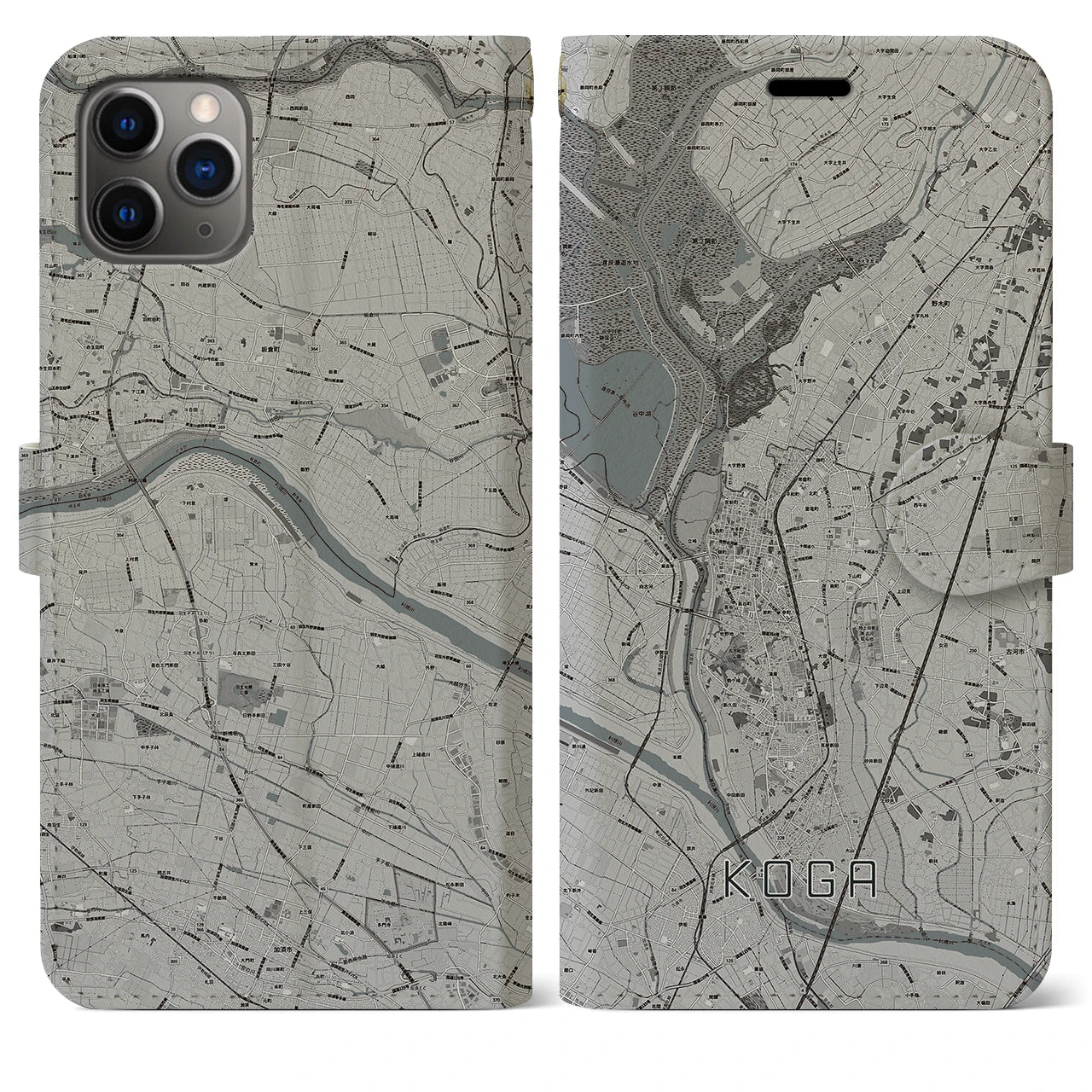 【古河(茨城県)】地図柄iPhoneケース(手帳タイプ)モノトーン・iPhone 11 Pro Max 用