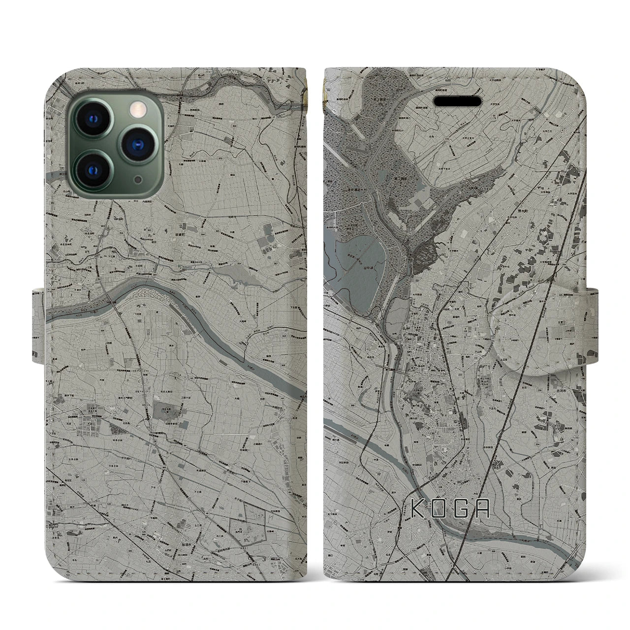【古河(茨城県)】地図柄iPhoneケース(手帳タイプ)モノトーン・iPhone 11 Pro 用