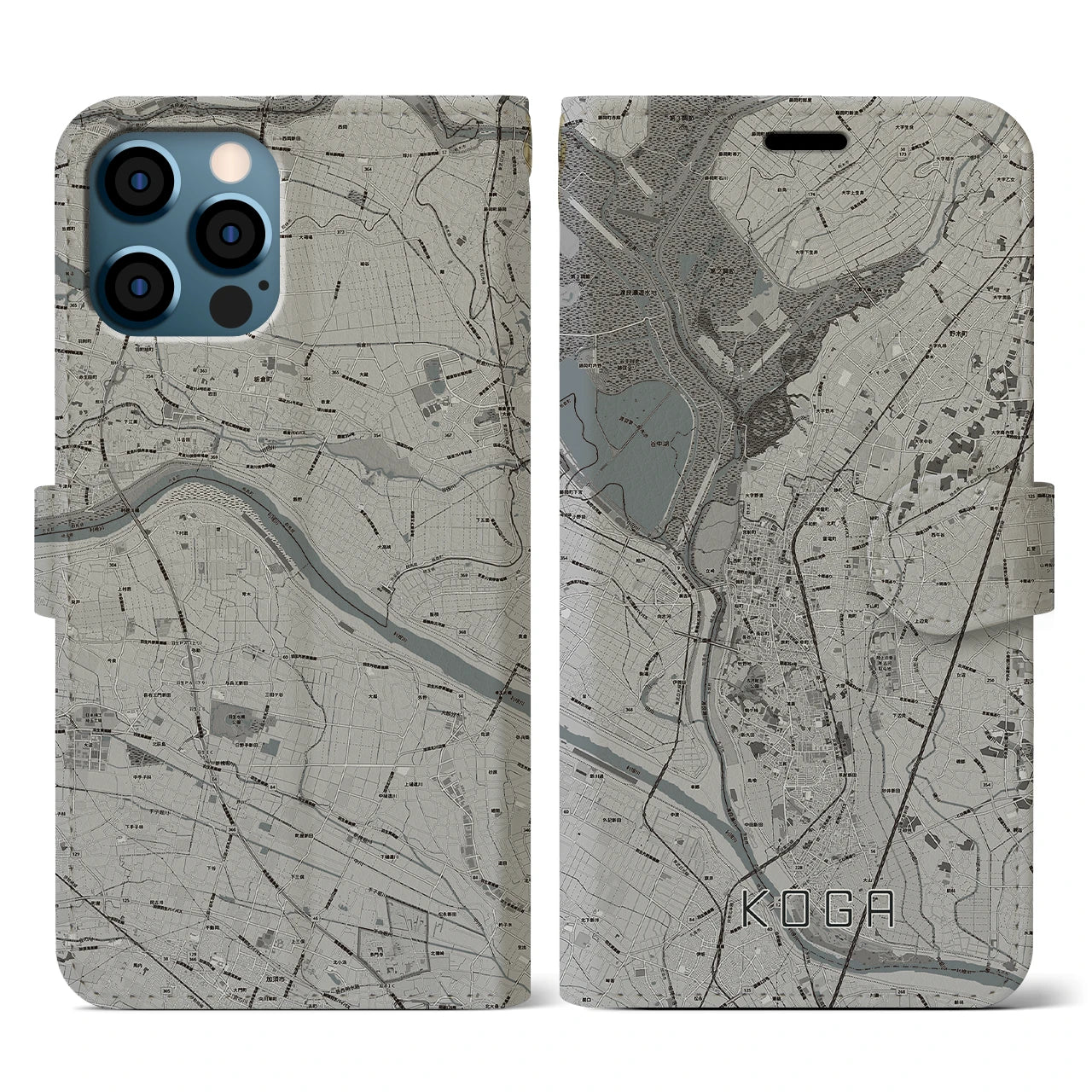 【古河(茨城県)】地図柄iPhoneケース(手帳タイプ)モノトーン・iPhone 12 / 12 Pro 用