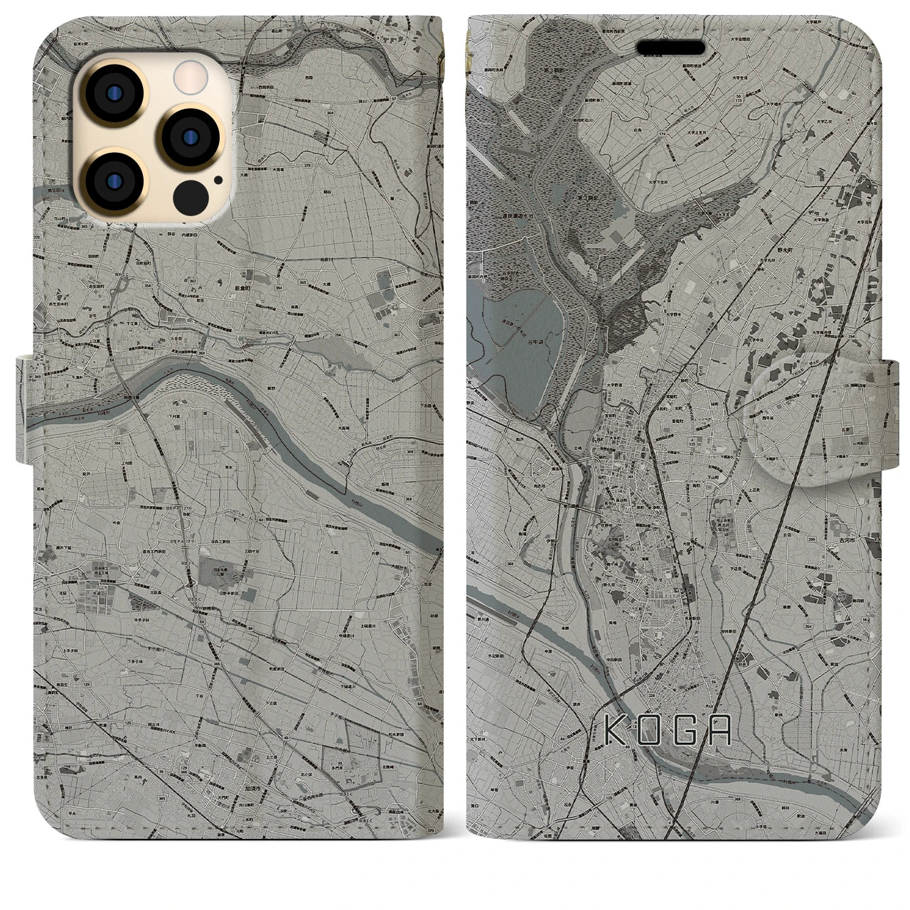 【古河(茨城県)】地図柄iPhoneケース(手帳タイプ)モノトーン・iPhone 12 Pro Max 用