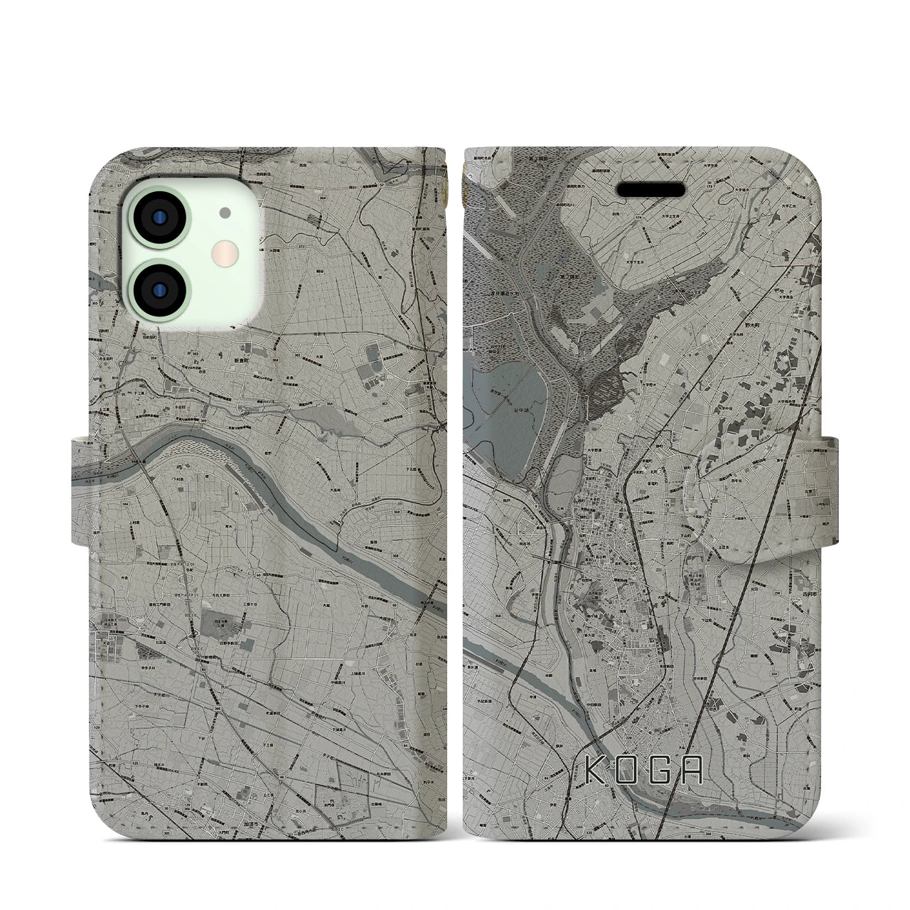 【古河(茨城県)】地図柄iPhoneケース(手帳タイプ)モノトーン・iPhone 12 mini 用