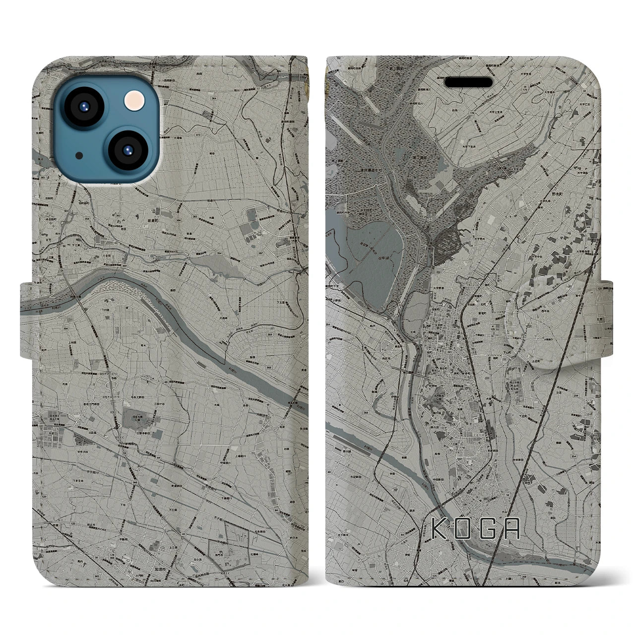 【古河(茨城県)】地図柄iPhoneケース(手帳タイプ)モノトーン・iPhone 13 用