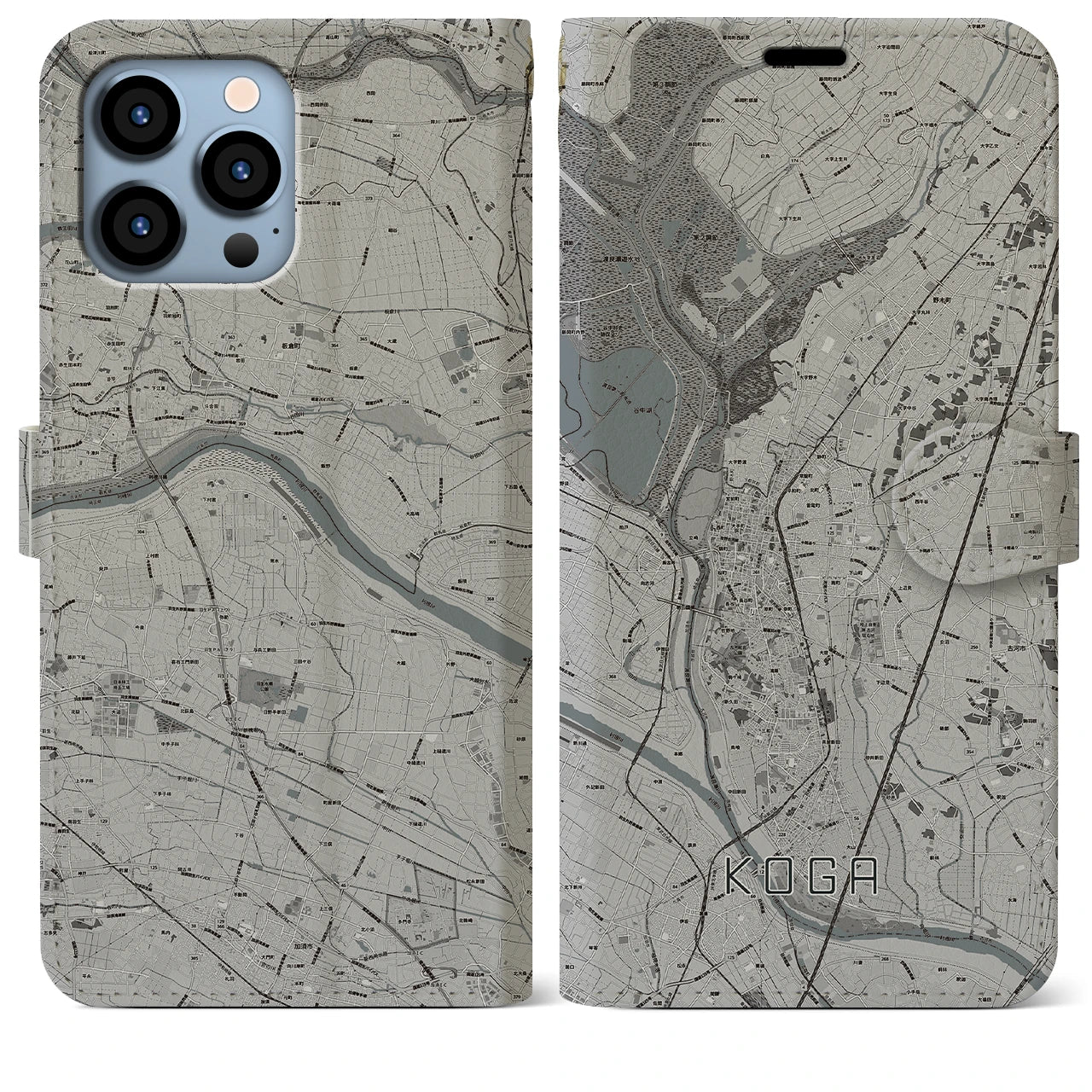 【古河(茨城県)】地図柄iPhoneケース(手帳タイプ)モノトーン・iPhone 13 Pro Max 用