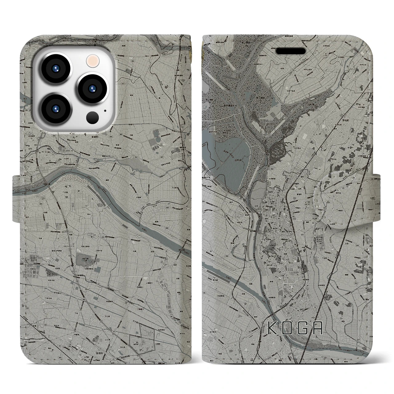 【古河(茨城県)】地図柄iPhoneケース(手帳タイプ)モノトーン・iPhone 13 Pro 用