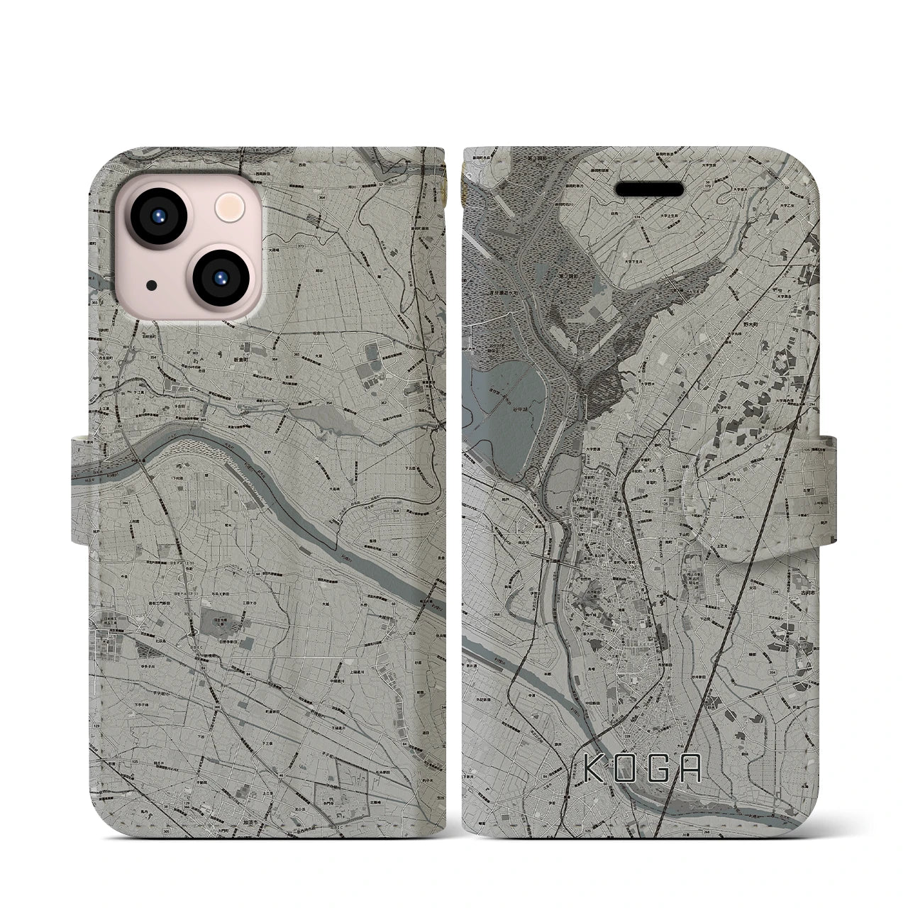 【古河(茨城県)】地図柄iPhoneケース(手帳タイプ)モノトーン・iPhone 13 mini 用