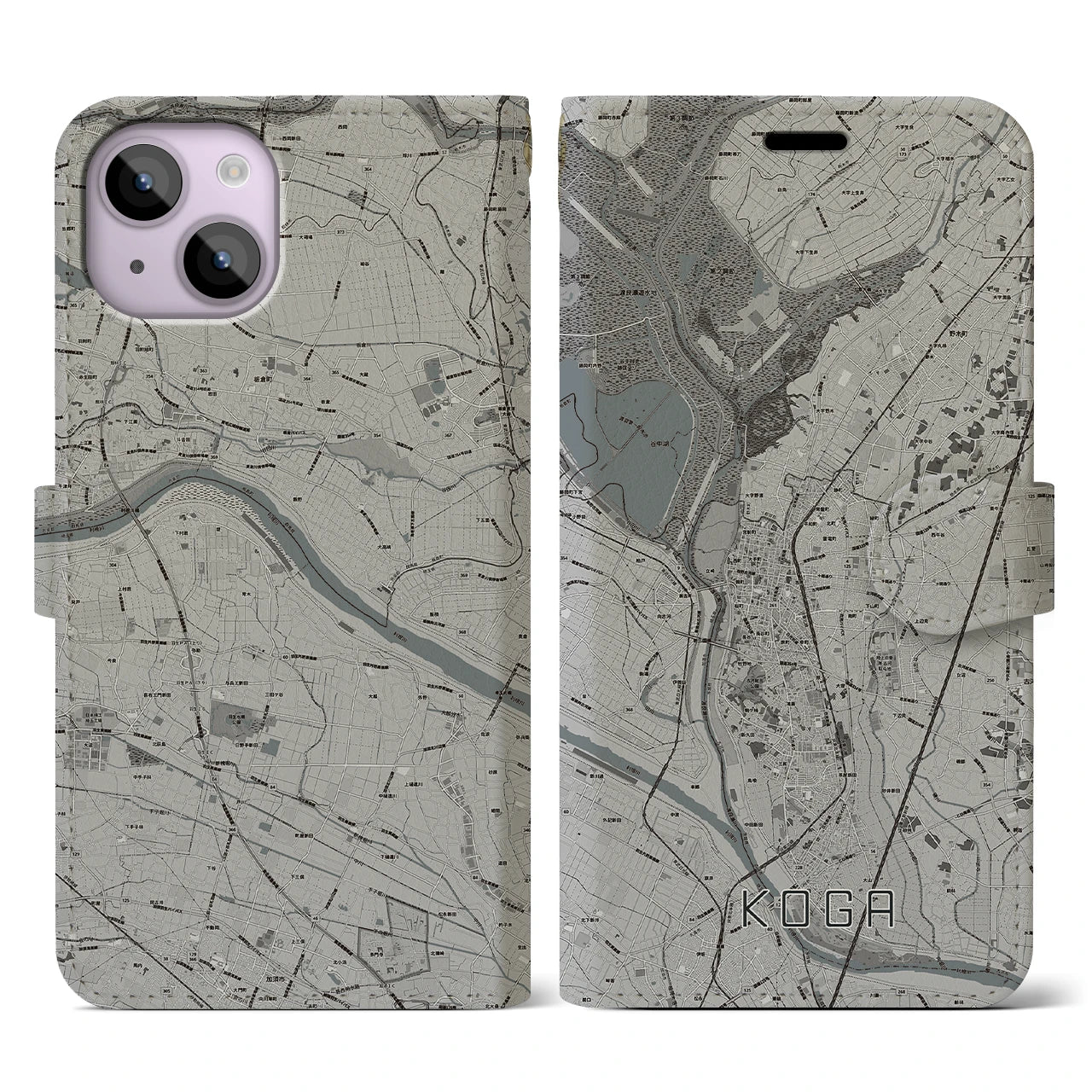 【古河(茨城県)】地図柄iPhoneケース(手帳タイプ)モノトーン・iPhone 14 用