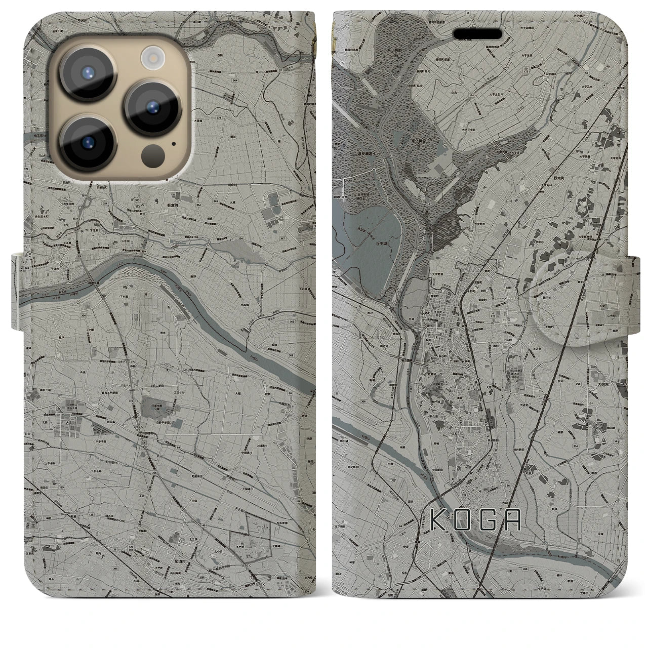 【古河(茨城県)】地図柄iPhoneケース(手帳タイプ)モノトーン・iPhone 14 Pro Max 用