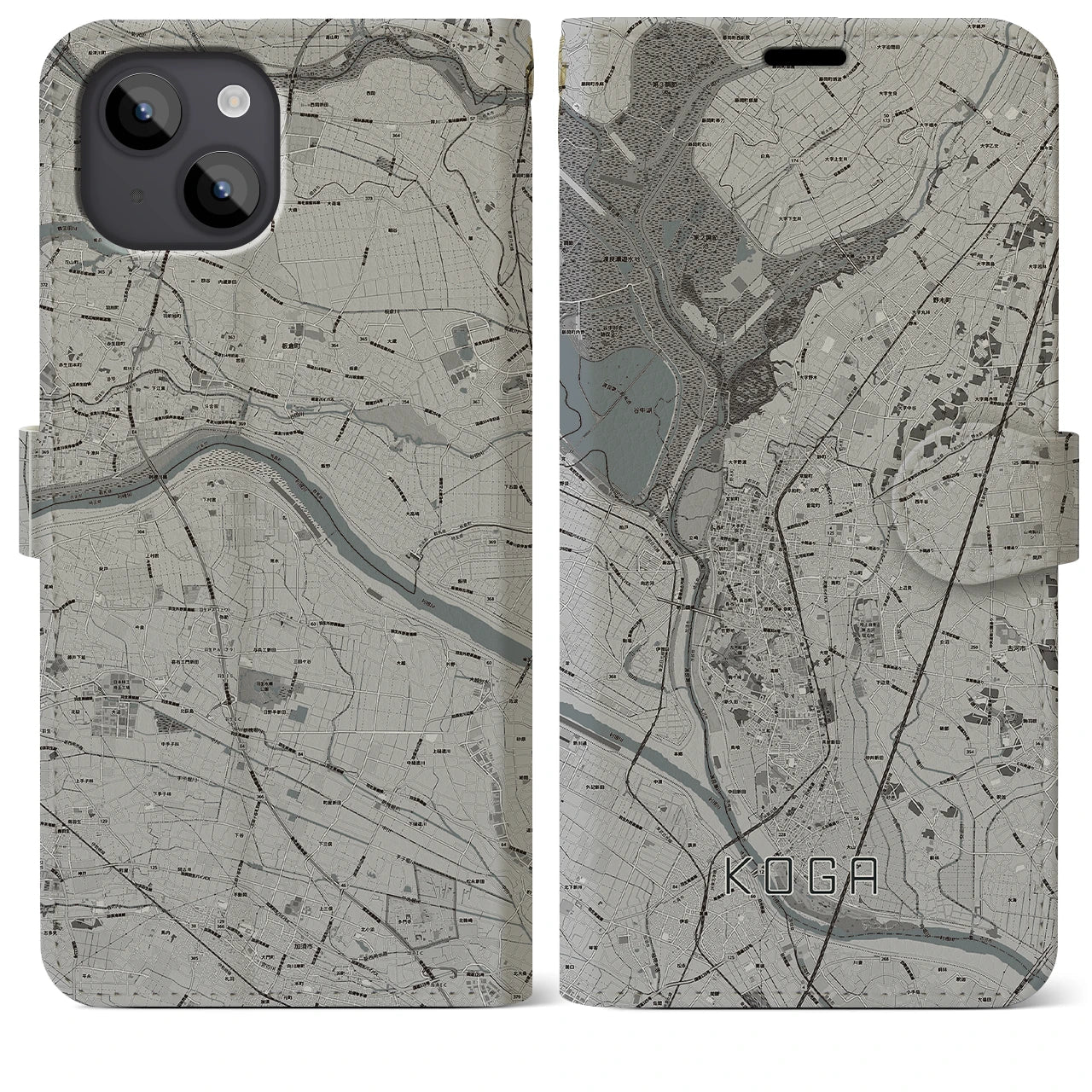 【古河(茨城県)】地図柄iPhoneケース(手帳タイプ)モノトーン・iPhone 14 Plus 用
