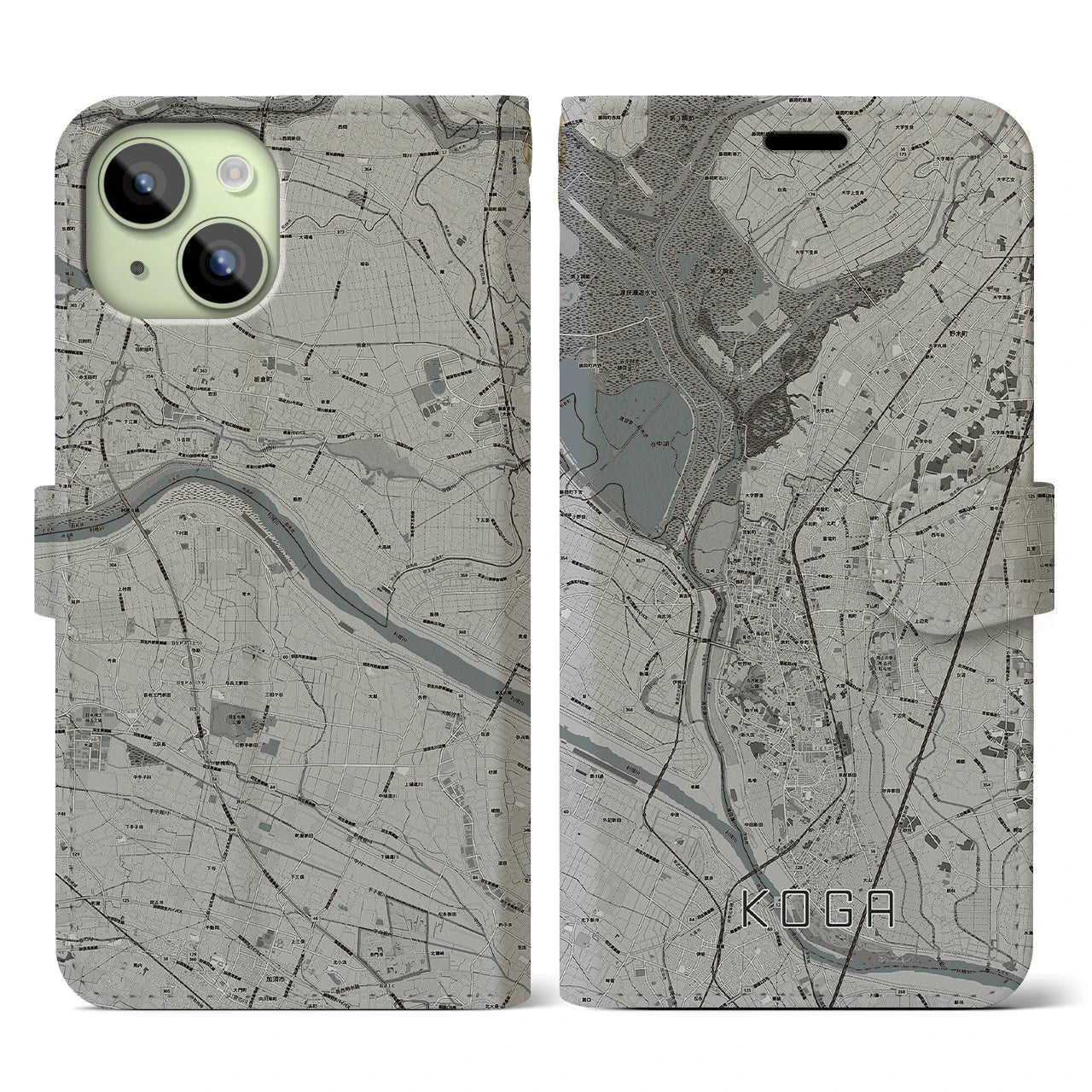 【古河(茨城県)】地図柄iPhoneケース(手帳タイプ)モノトーン・iPhone 15 用