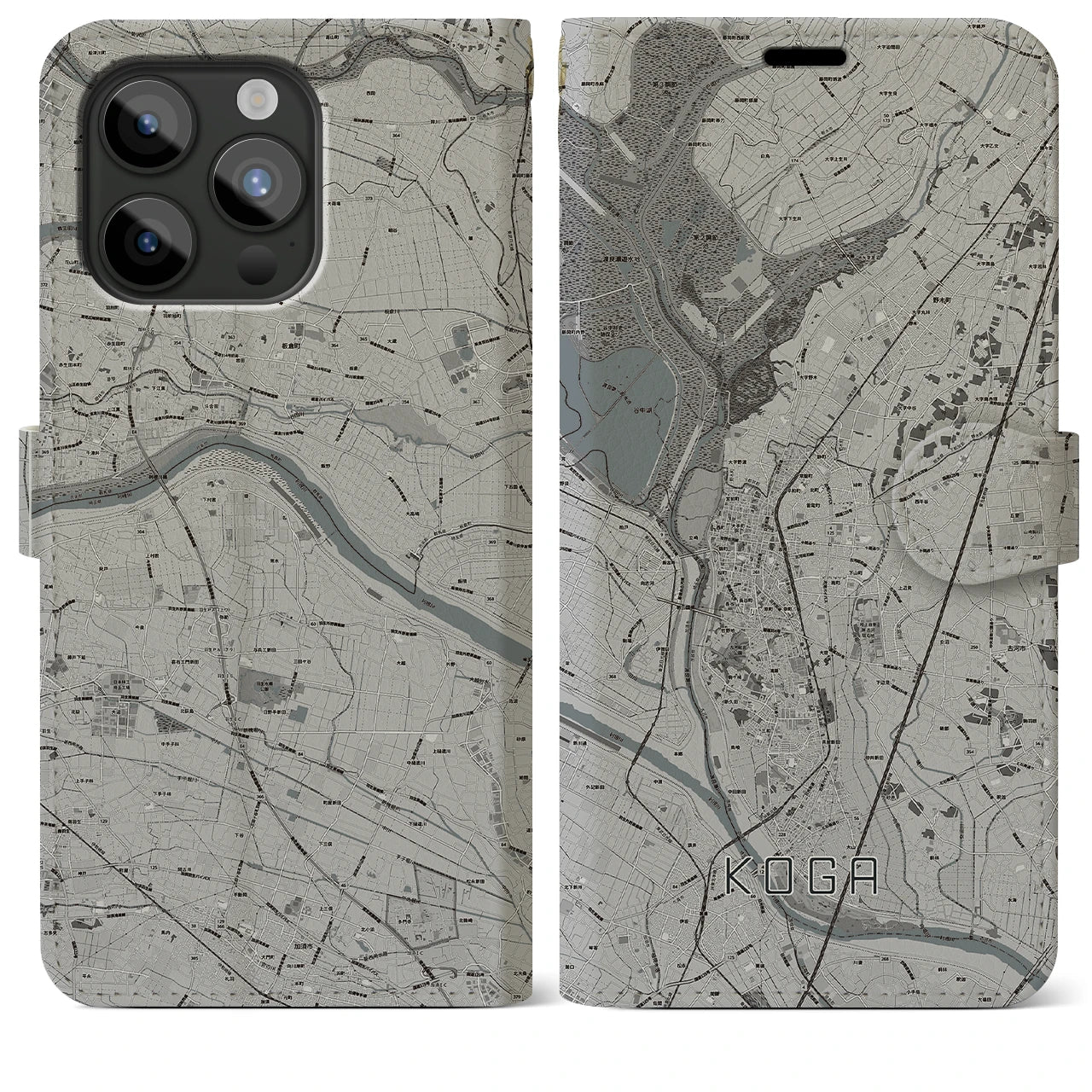 【古河(茨城県)】地図柄iPhoneケース(手帳タイプ)モノトーン・iPhone 15 Pro Max 用