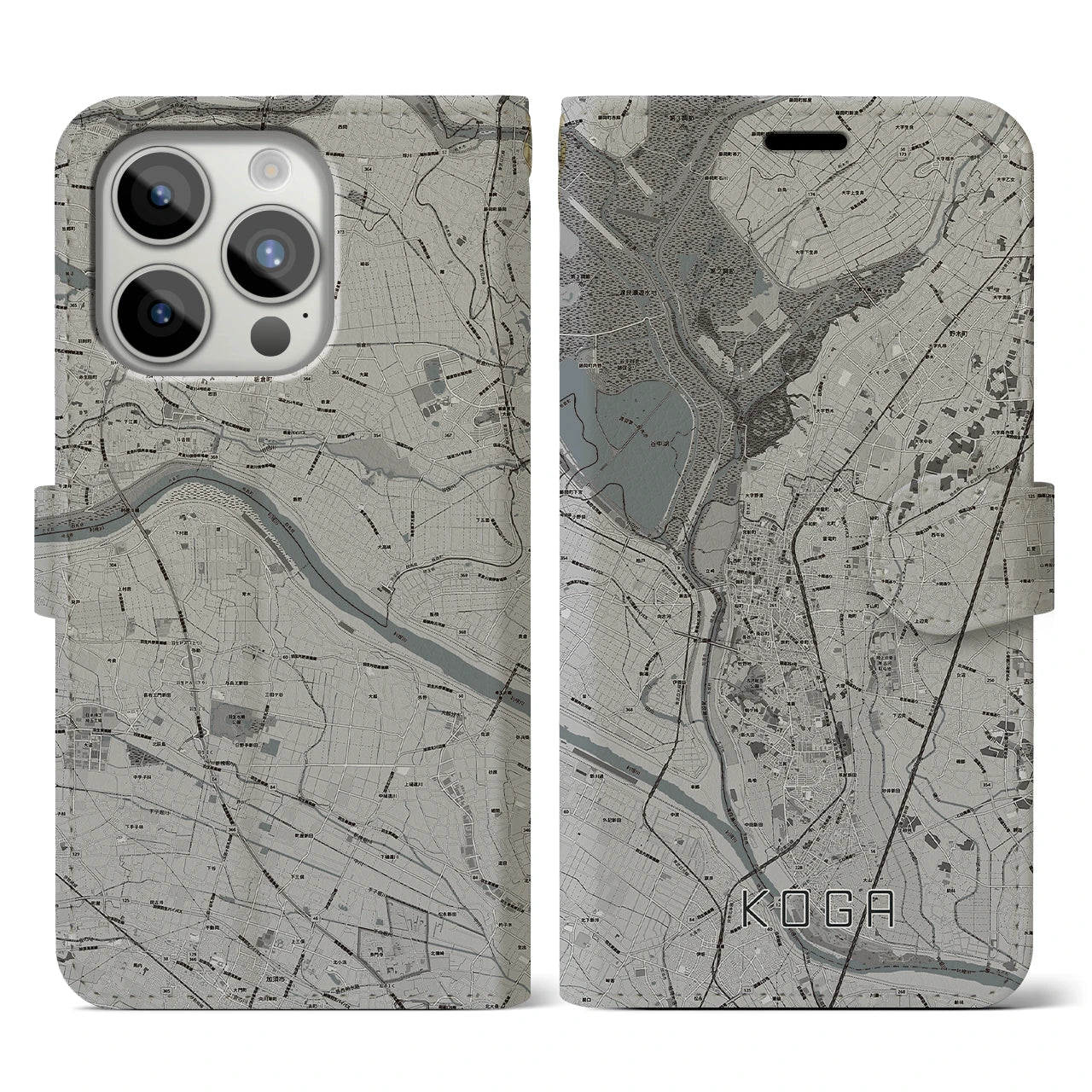 【古河(茨城県)】地図柄iPhoneケース(手帳タイプ)モノトーン・iPhone 15 Pro 用