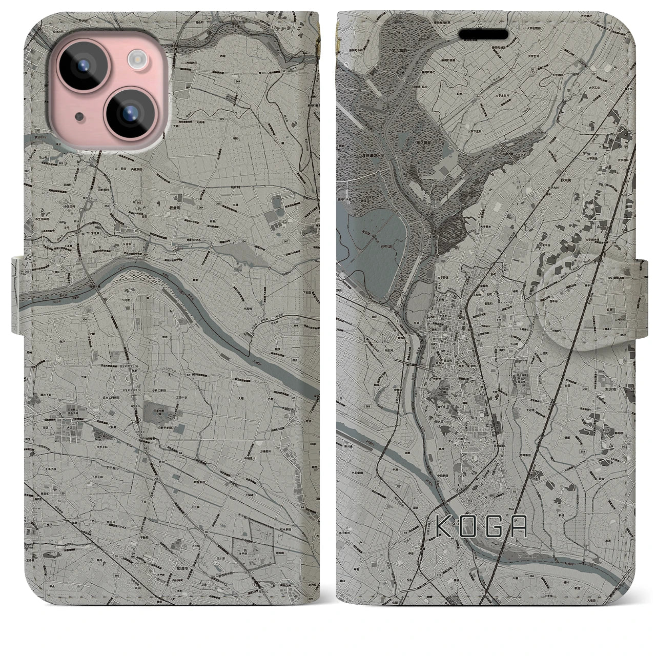 【古河(茨城県)】地図柄iPhoneケース(手帳タイプ)モノトーン・iPhone 15 Plus 用
