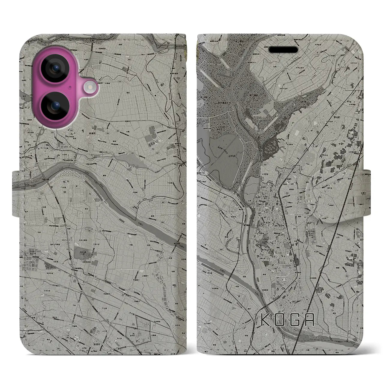 【古河(茨城県)】地図柄iPhoneケース(手帳タイプ)モノトーン・iPhone 16 Pro 用