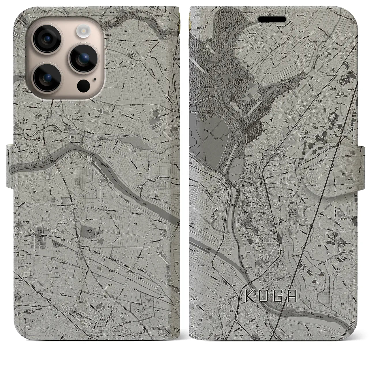 【古河(茨城県)】地図柄iPhoneケース(手帳タイプ)モノトーン・iPhone 16 Plus 用
