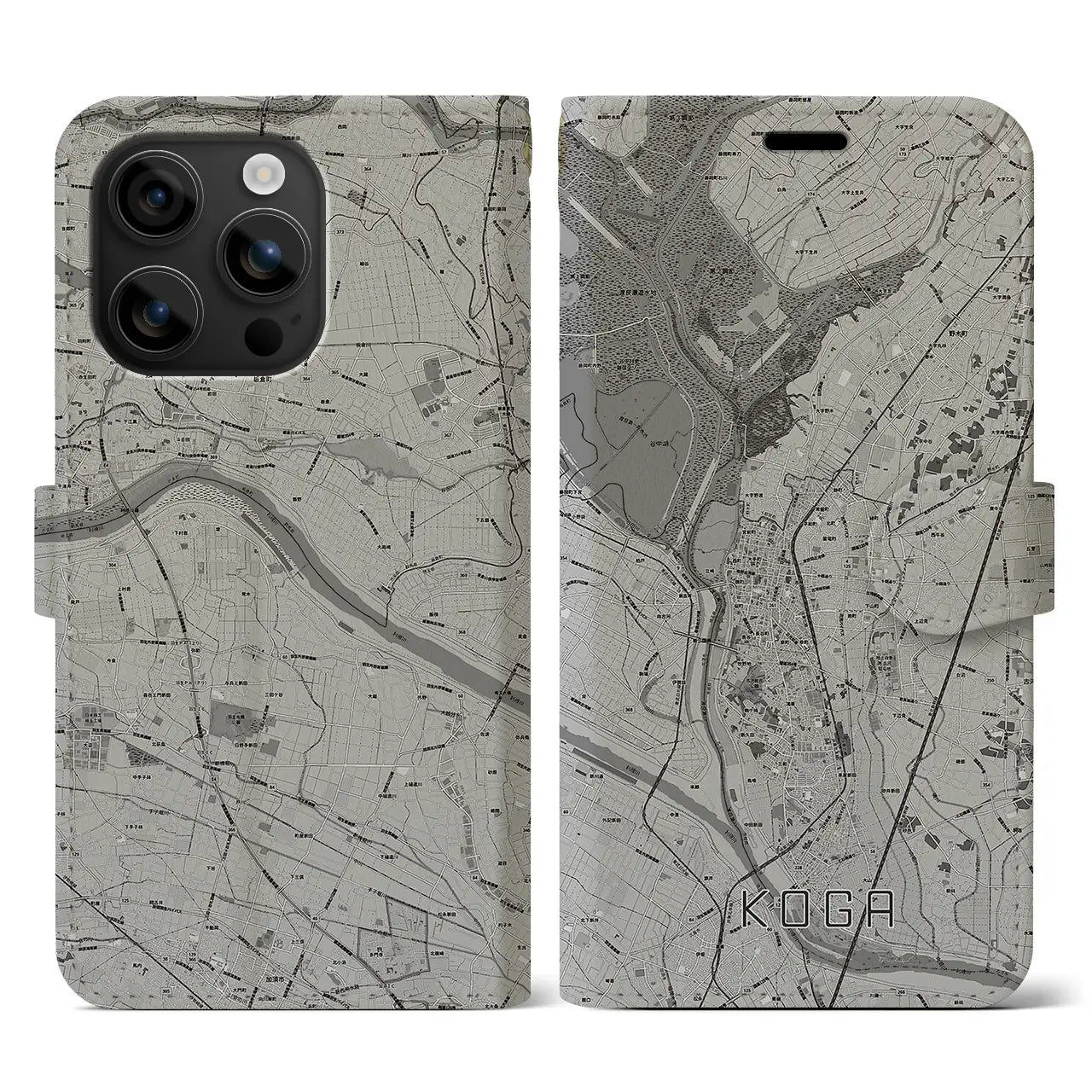 【古河(茨城県)】地図柄iPhoneケース(手帳タイプ)モノトーン・iPhone 16 用