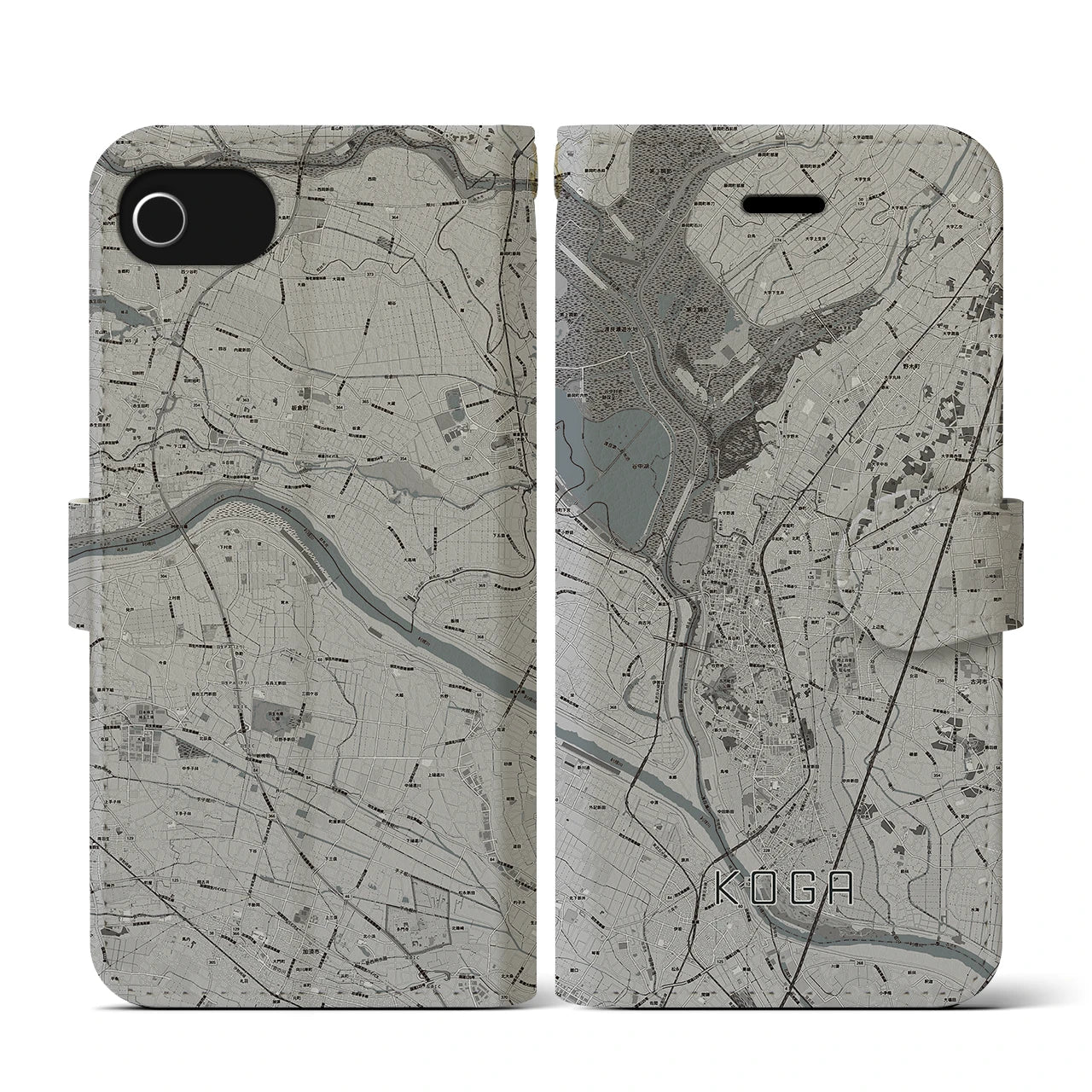 【古河(茨城県)】地図柄iPhoneケース(手帳タイプ)モノトーン・iPhone SE(第3 / 第2世代) / 8 / 7 / 6s / 6 用