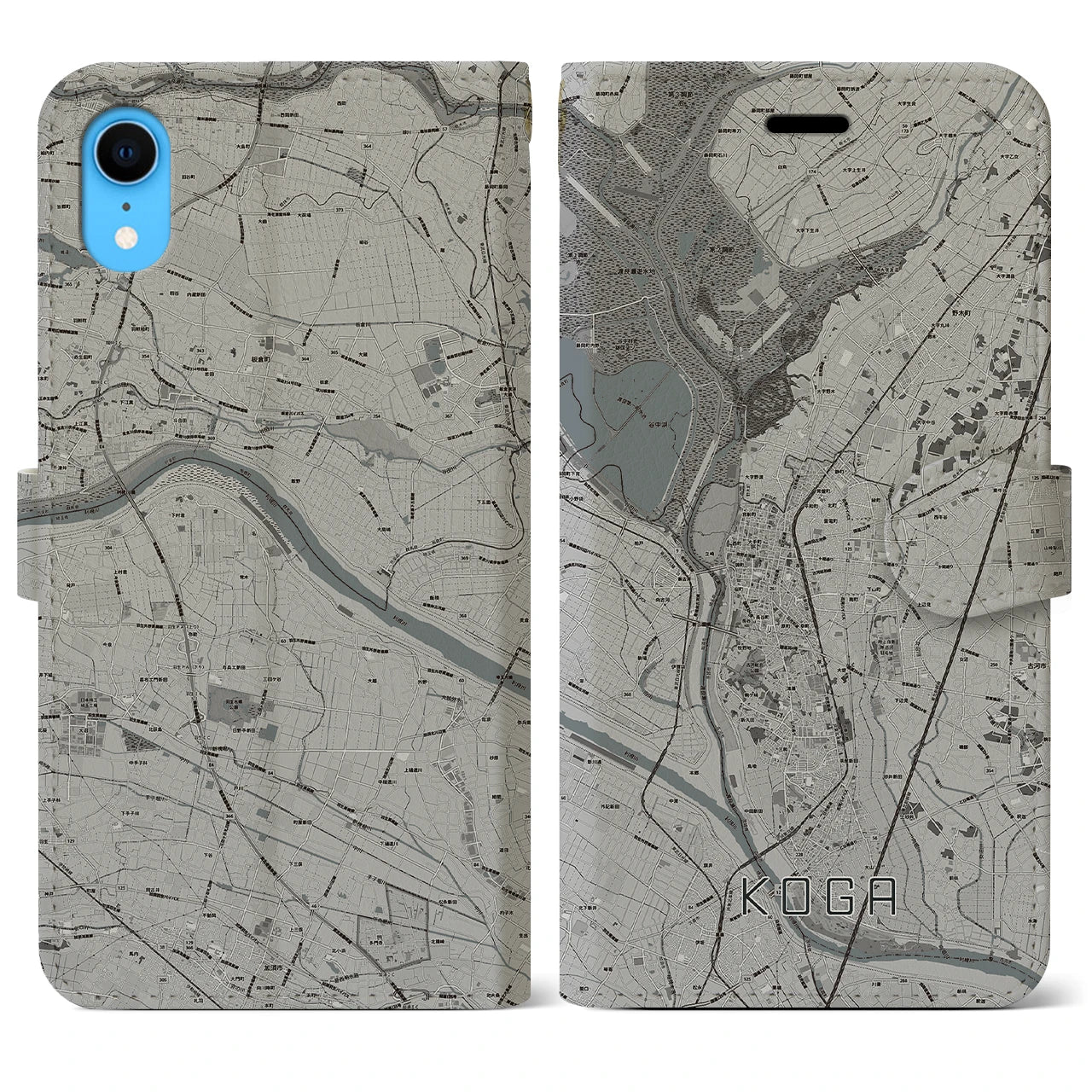 【古河(茨城県)】地図柄iPhoneケース(手帳タイプ)モノトーン・iPhone XR 用