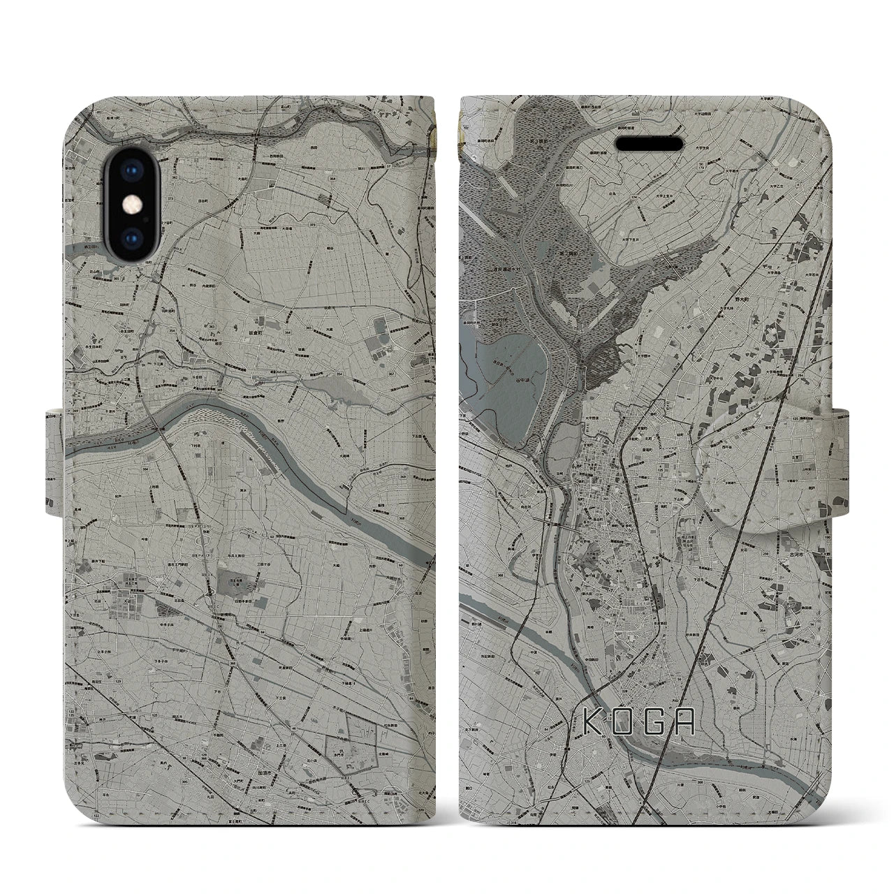 【古河(茨城県)】地図柄iPhoneケース(手帳タイプ)モノトーン・iPhone XS / X 用