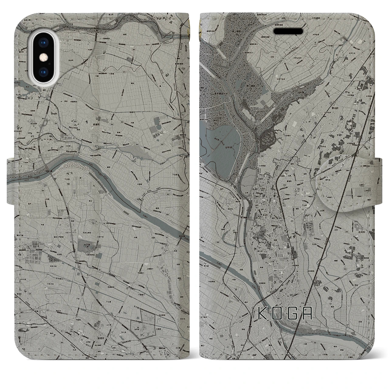 【古河(茨城県)】地図柄iPhoneケース(手帳タイプ)モノトーン・iPhone XS Max 用