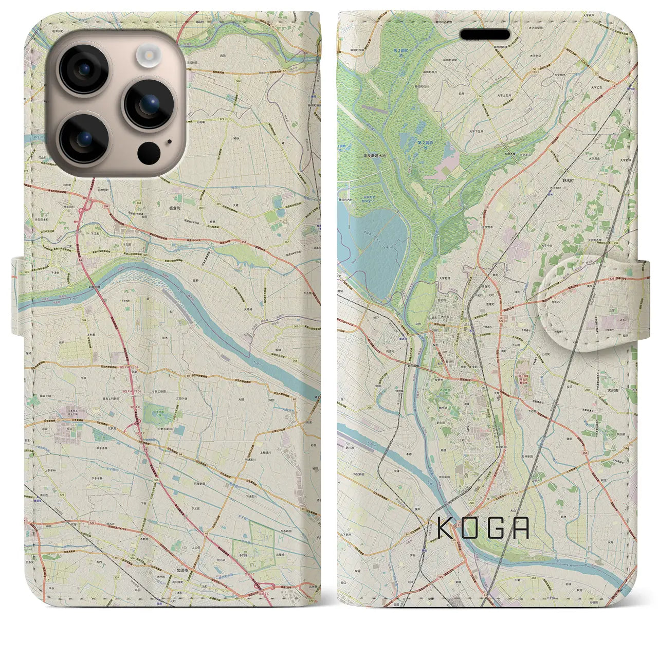 【古河(茨城県)】地図柄iPhoneケース(手帳タイプ)ナチュラル・iPhone 16 Plus 用