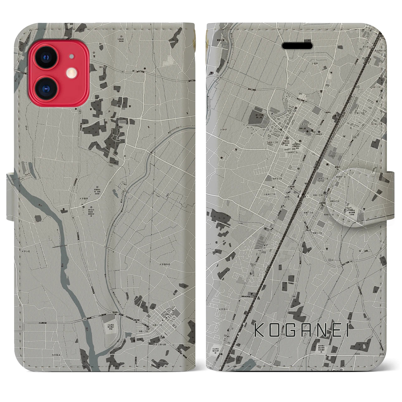 【小金井(栃木県)】地図柄iPhoneケース(手帳タイプ)モノトーン・iPhone 11 用