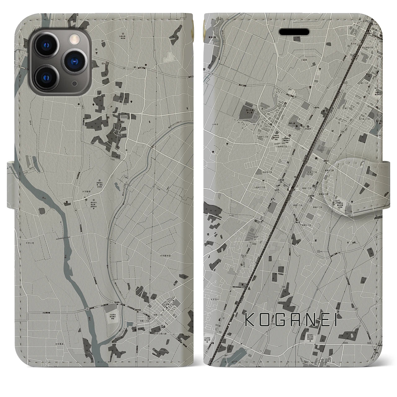 【小金井(栃木県)】地図柄iPhoneケース(手帳タイプ)モノトーン・iPhone 11 Pro Max 用