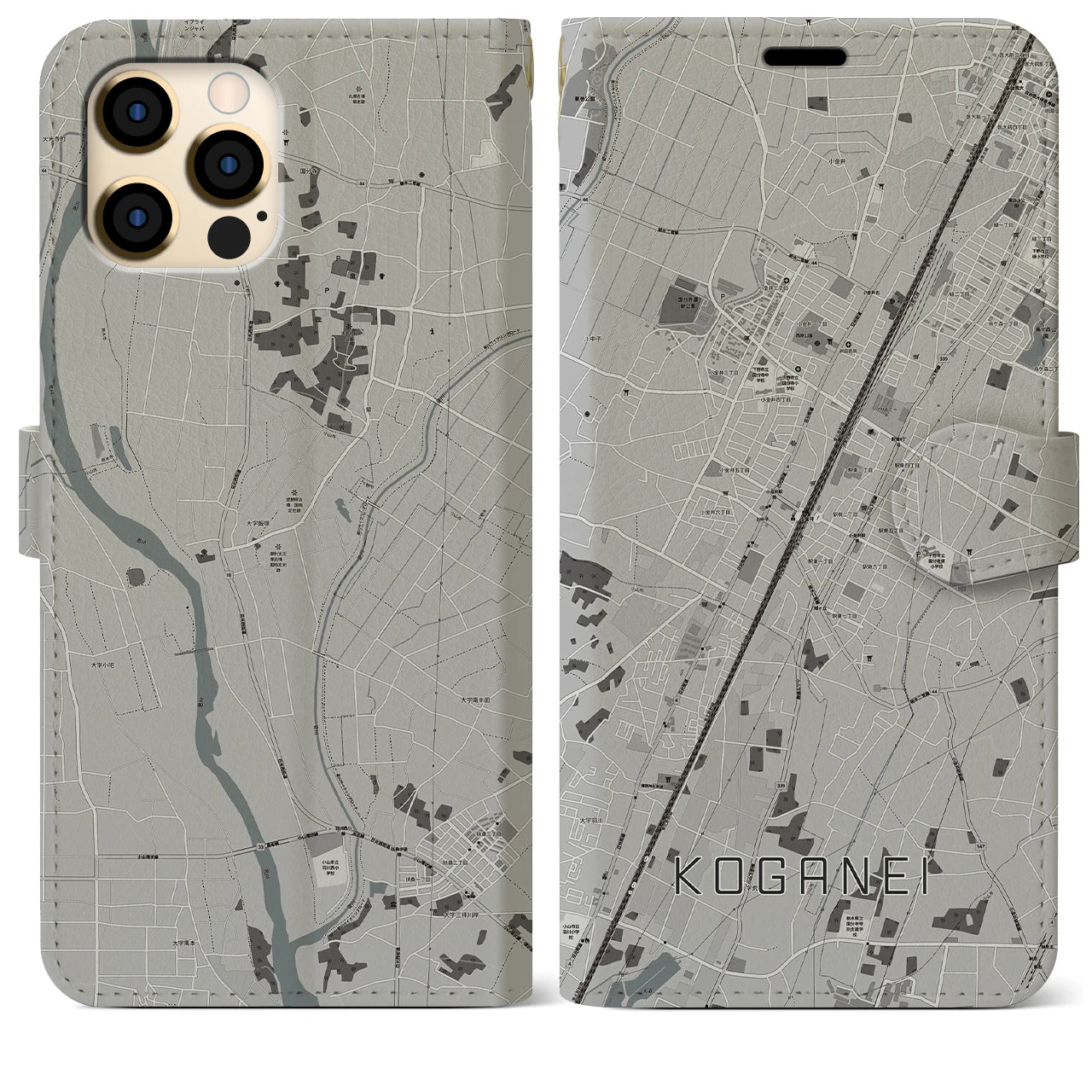 【小金井(栃木県)】地図柄iPhoneケース(手帳タイプ)モノトーン・iPhone 12 Pro Max 用