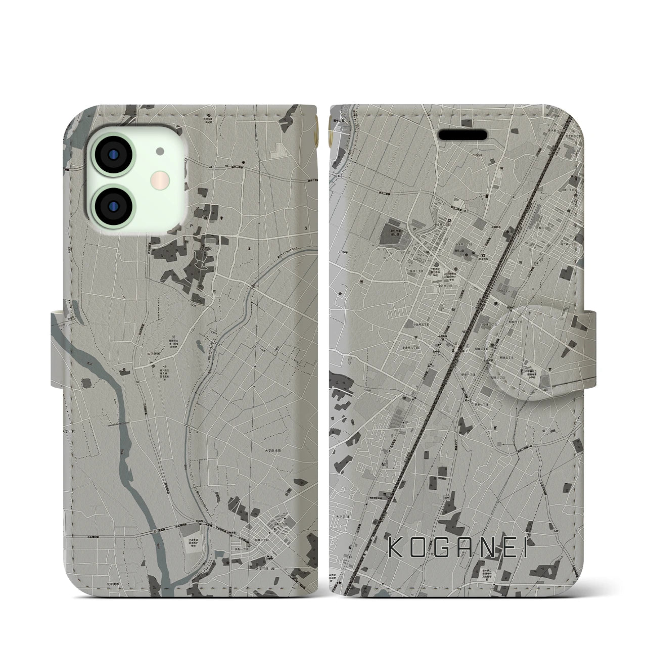 【小金井(栃木県)】地図柄iPhoneケース(手帳タイプ)モノトーン・iPhone 12 mini 用