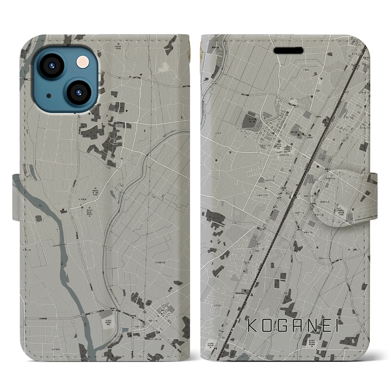 【小金井(栃木県)】地図柄iPhoneケース(手帳タイプ)モノトーン・iPhone 13 用