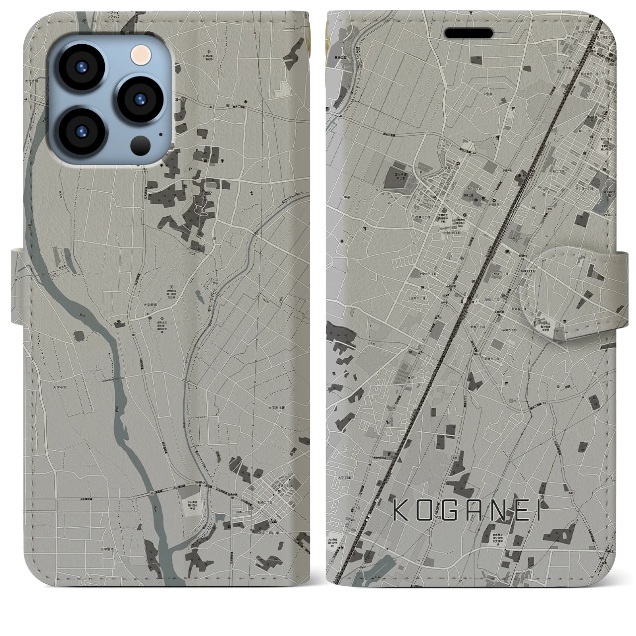 【小金井(栃木県)】地図柄iPhoneケース(手帳タイプ)モノトーン・iPhone 13 Pro Max 用