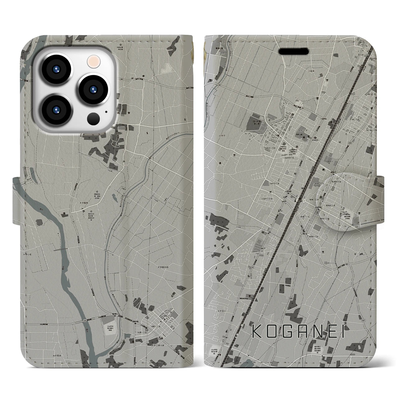 【小金井(栃木県)】地図柄iPhoneケース(手帳タイプ)モノトーン・iPhone 13 Pro 用
