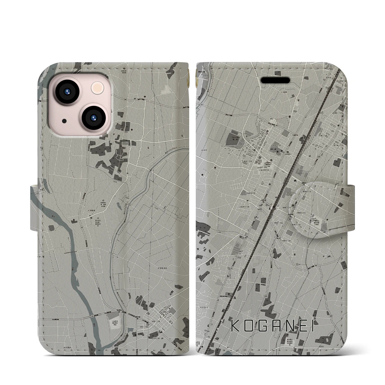【小金井(栃木県)】地図柄iPhoneケース(手帳タイプ)モノトーン・iPhone 13 mini 用