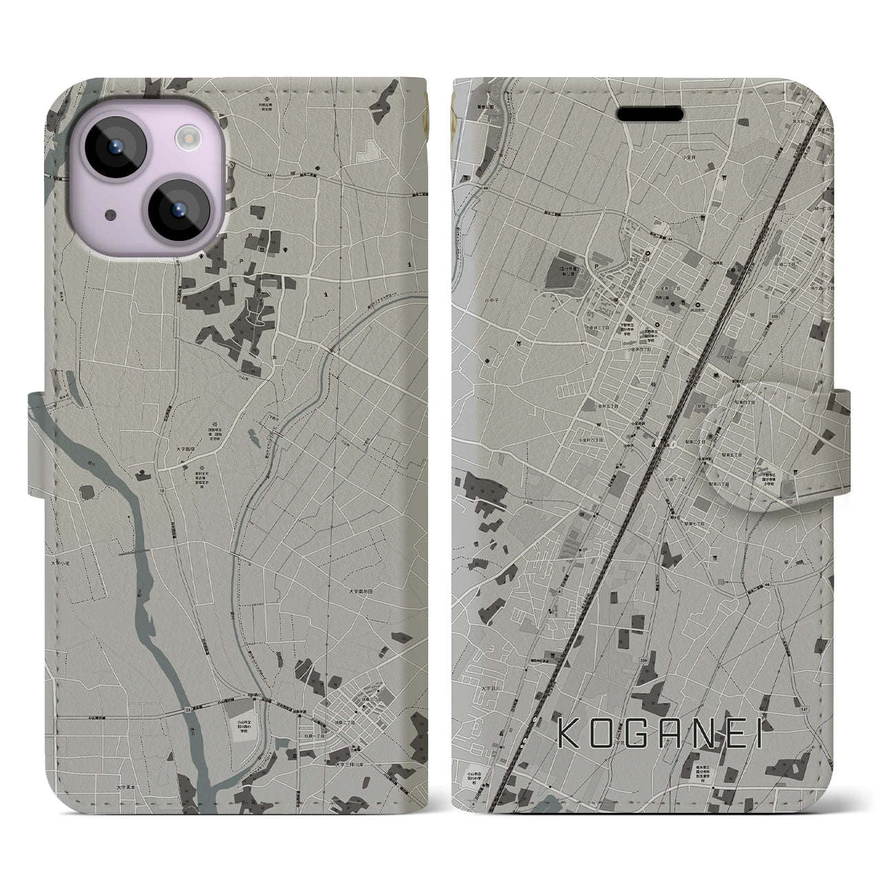 【小金井(栃木県)】地図柄iPhoneケース(手帳タイプ)モノトーン・iPhone 14 用
