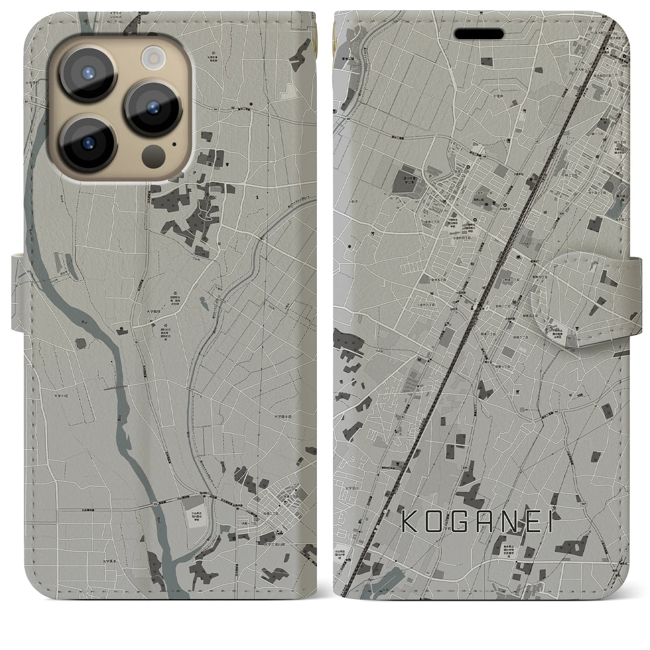 【小金井(栃木県)】地図柄iPhoneケース(手帳タイプ)モノトーン・iPhone 14 Pro Max 用