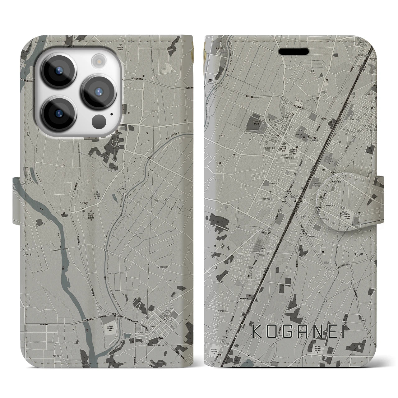 【小金井(栃木県)】地図柄iPhoneケース(手帳タイプ)モノトーン・iPhone 14 Pro 用