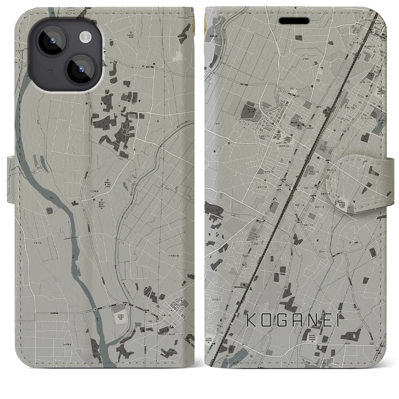 【小金井(栃木県)】地図柄iPhoneケース(手帳タイプ)モノトーン・iPhone 14 Plus 用