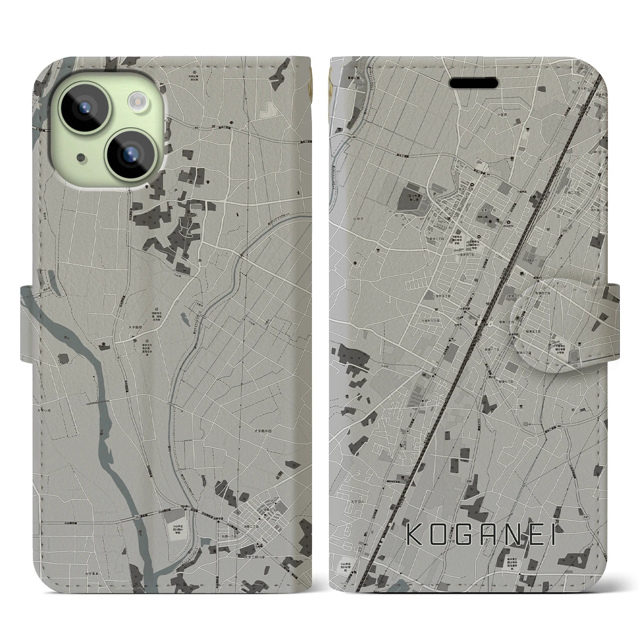 【小金井(栃木県)】地図柄iPhoneケース(手帳タイプ)モノトーン・iPhone 15 用
