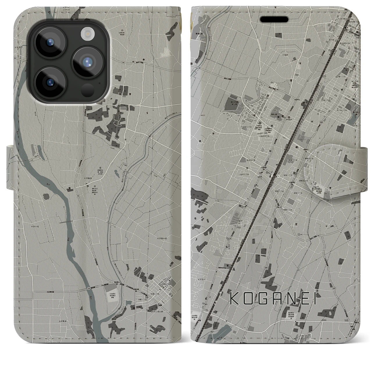 【小金井(栃木県)】地図柄iPhoneケース(手帳タイプ)モノトーン・iPhone 15 Pro Max 用