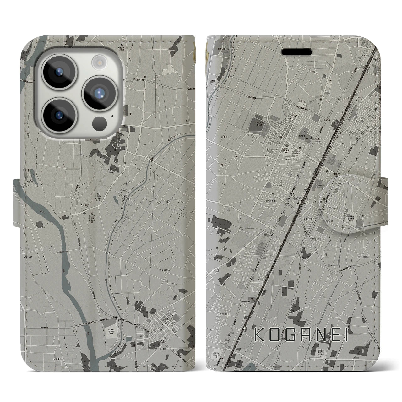 【小金井(栃木県)】地図柄iPhoneケース(手帳タイプ)モノトーン・iPhone 15 Pro 用
