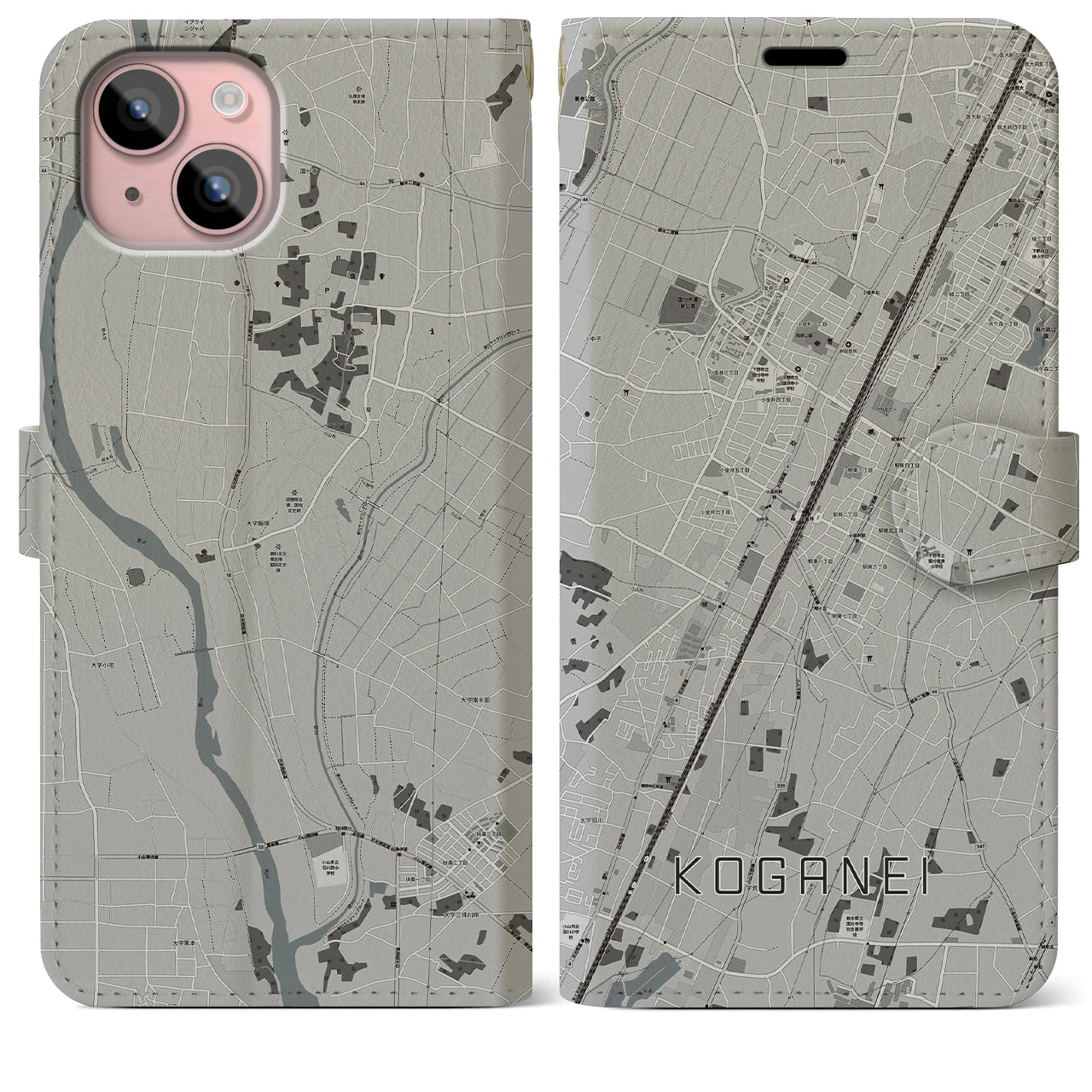 【小金井(栃木県)】地図柄iPhoneケース(手帳タイプ)モノトーン・iPhone 15 Plus 用