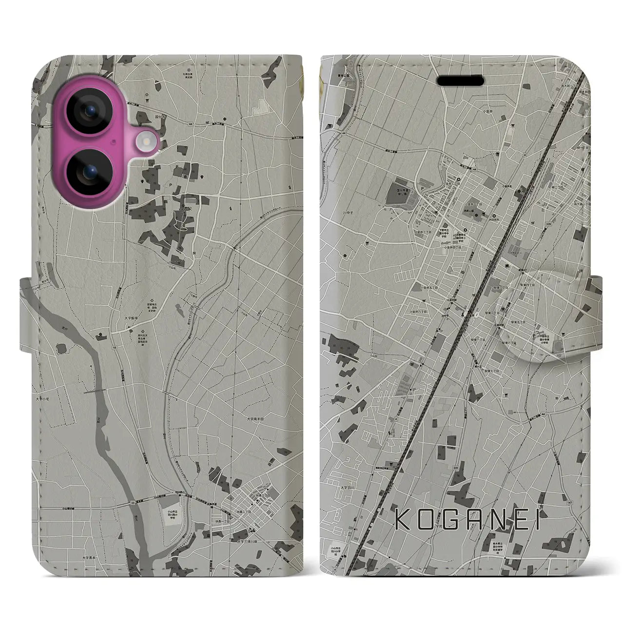 【小金井(栃木県)】地図柄iPhoneケース(手帳タイプ)モノトーン・iPhone 16 Pro 用
