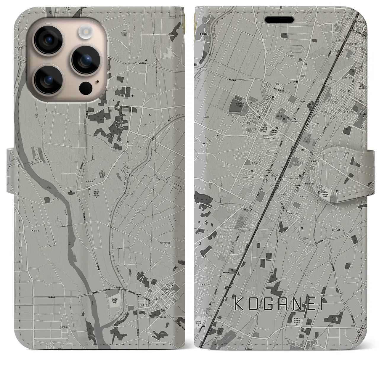 【小金井(栃木県)】地図柄iPhoneケース(手帳タイプ)モノトーン・iPhone 16 Plus 用